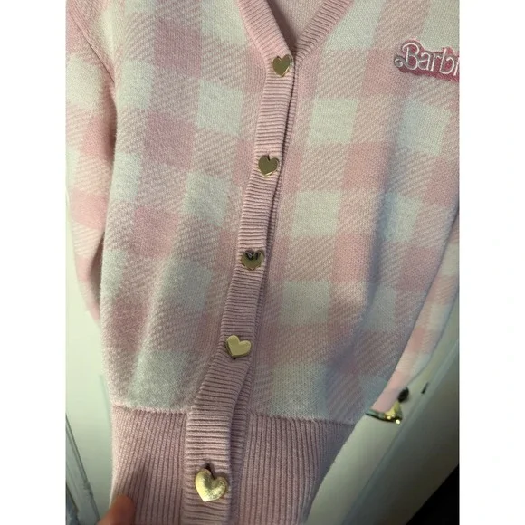 Barbie The Movie Pink Cardigan Sweater Size Small Gingham Heart Buttons - Picture 11 of 11